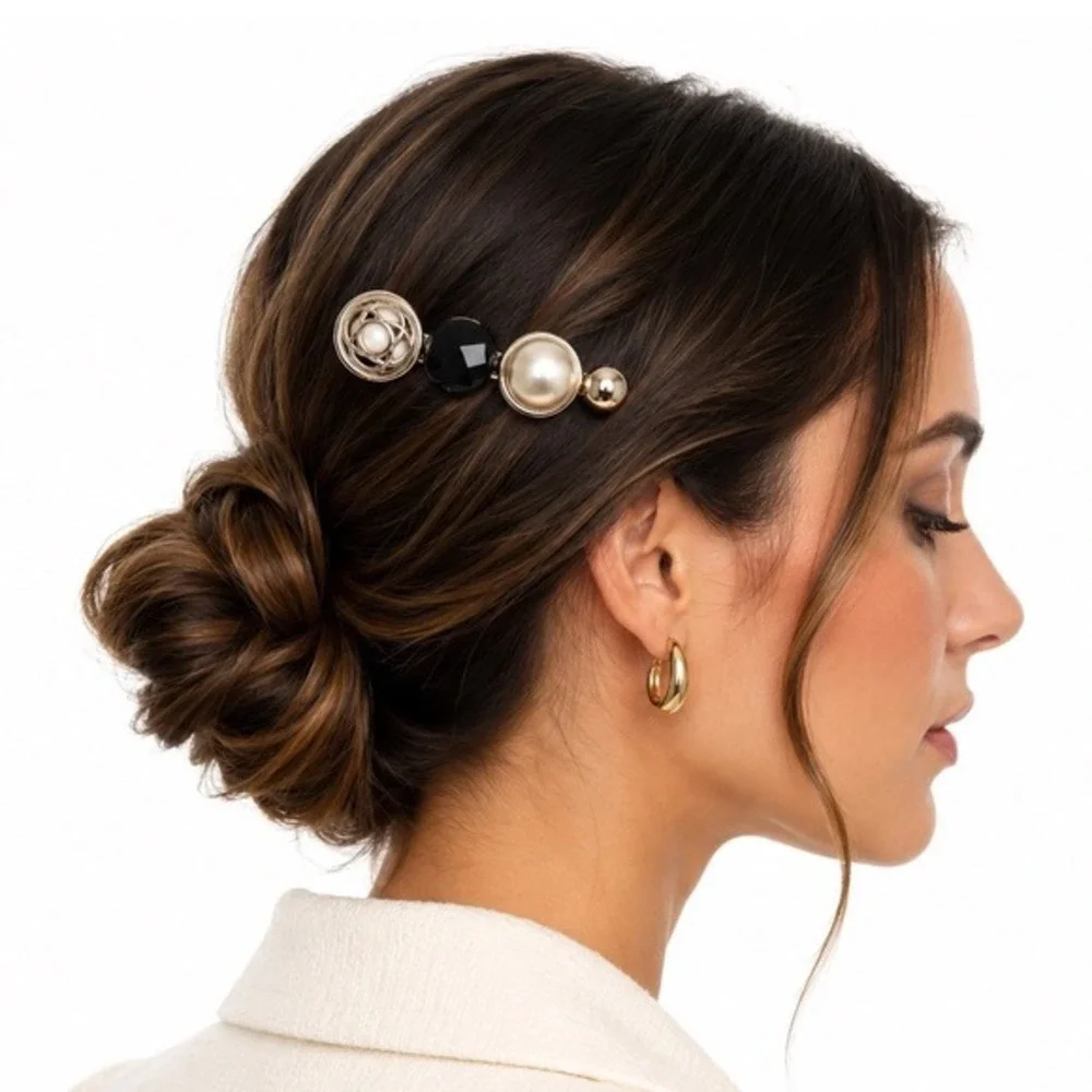 Set of Vintage Style Gold Tone Alligator Hair Clips Faux Pearl Black Crystal J-0